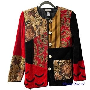 Vintage Indigo Moon Women’s Embroidered Tapestry Patchwork Jacket Size Small